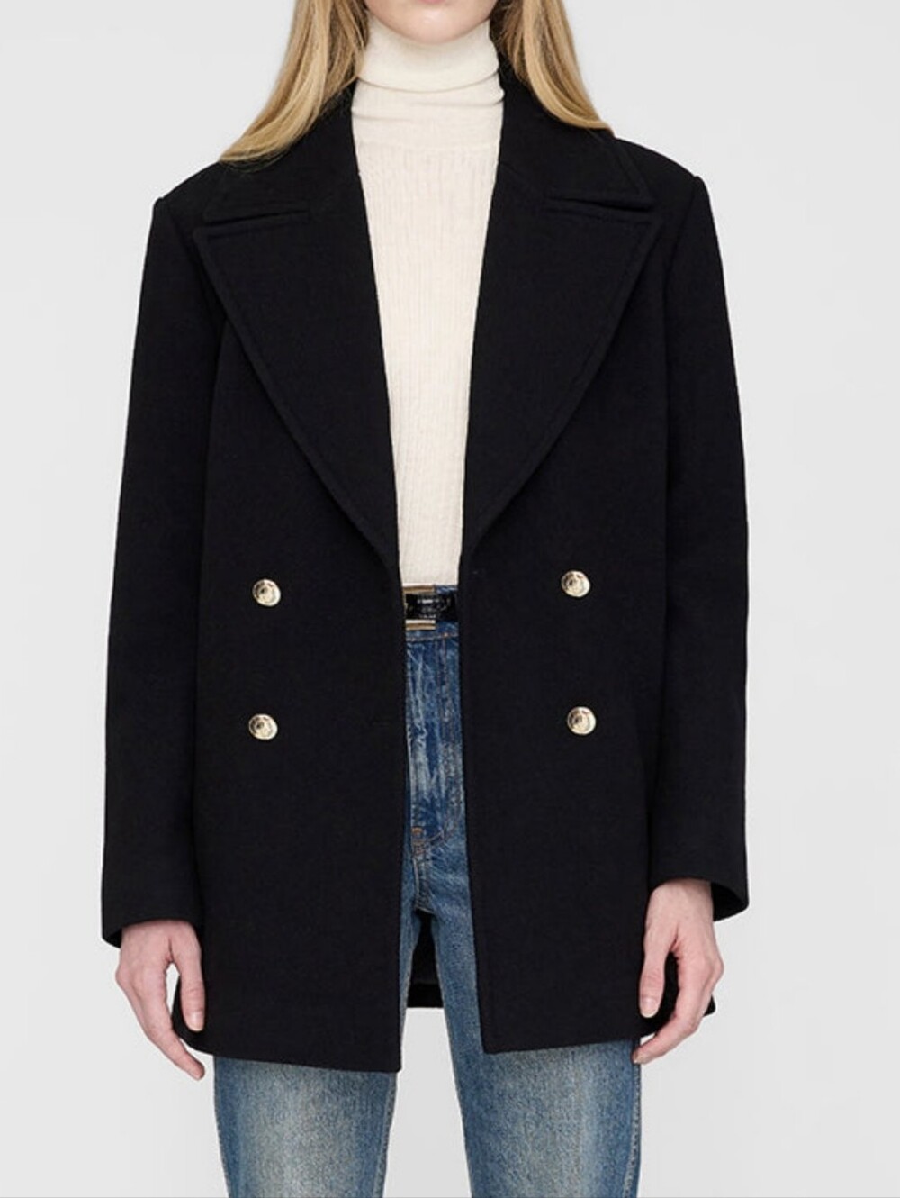 Anine Bing Glenn Classic Double-Breasted Black Peacoat Jacket